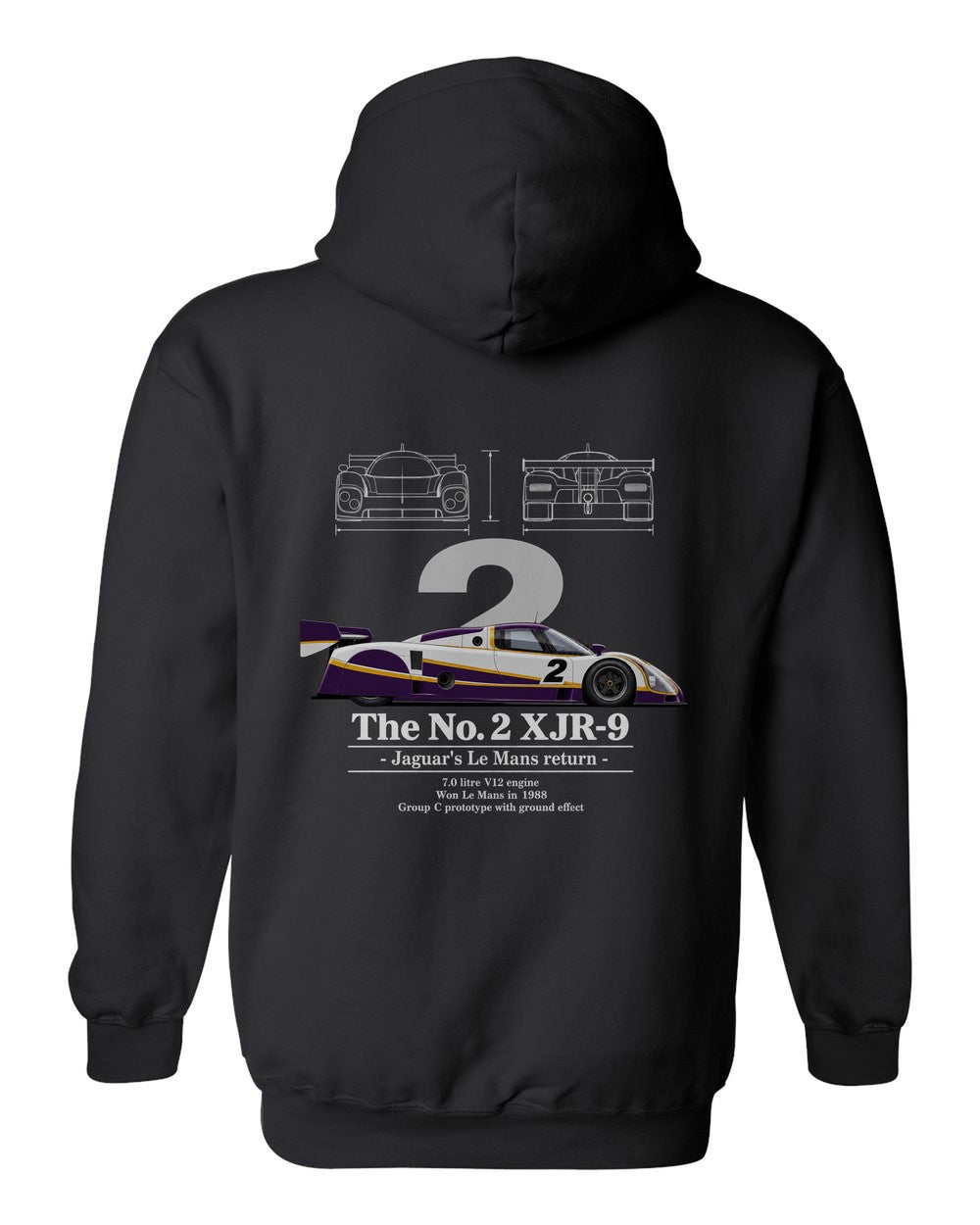 No. 2 XJR-9 black pull over hoodie back view with the design