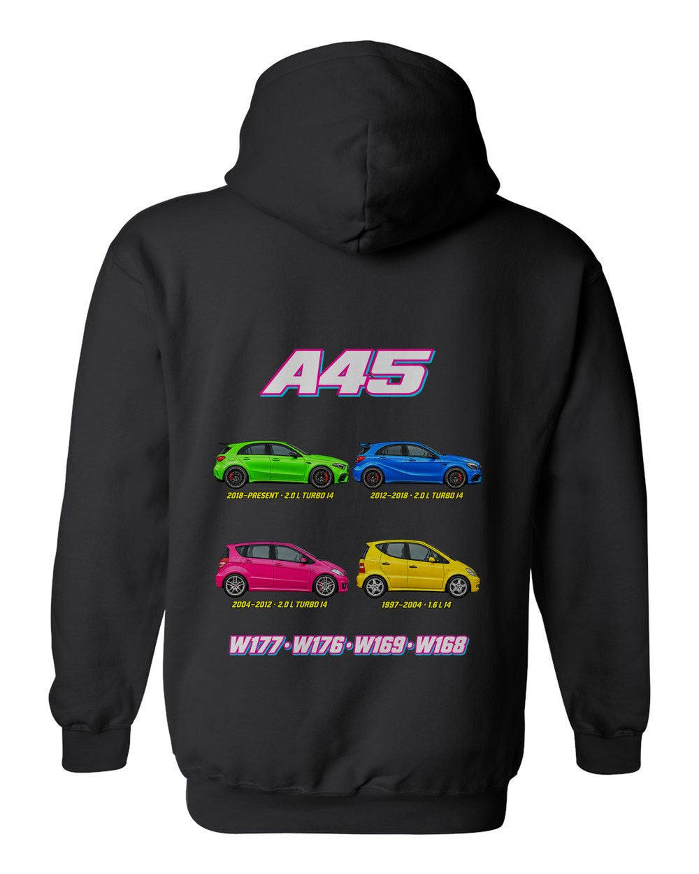 Mercedes A Class evolution poster black pull over hoodie back view with the design