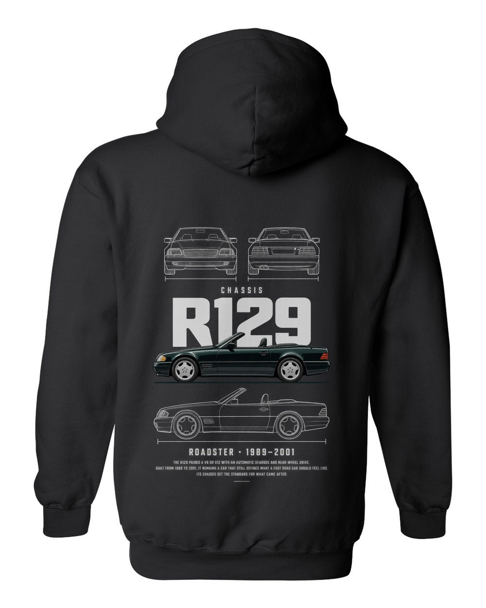 R129 full-back artwork black pull over hoodie back view with the design