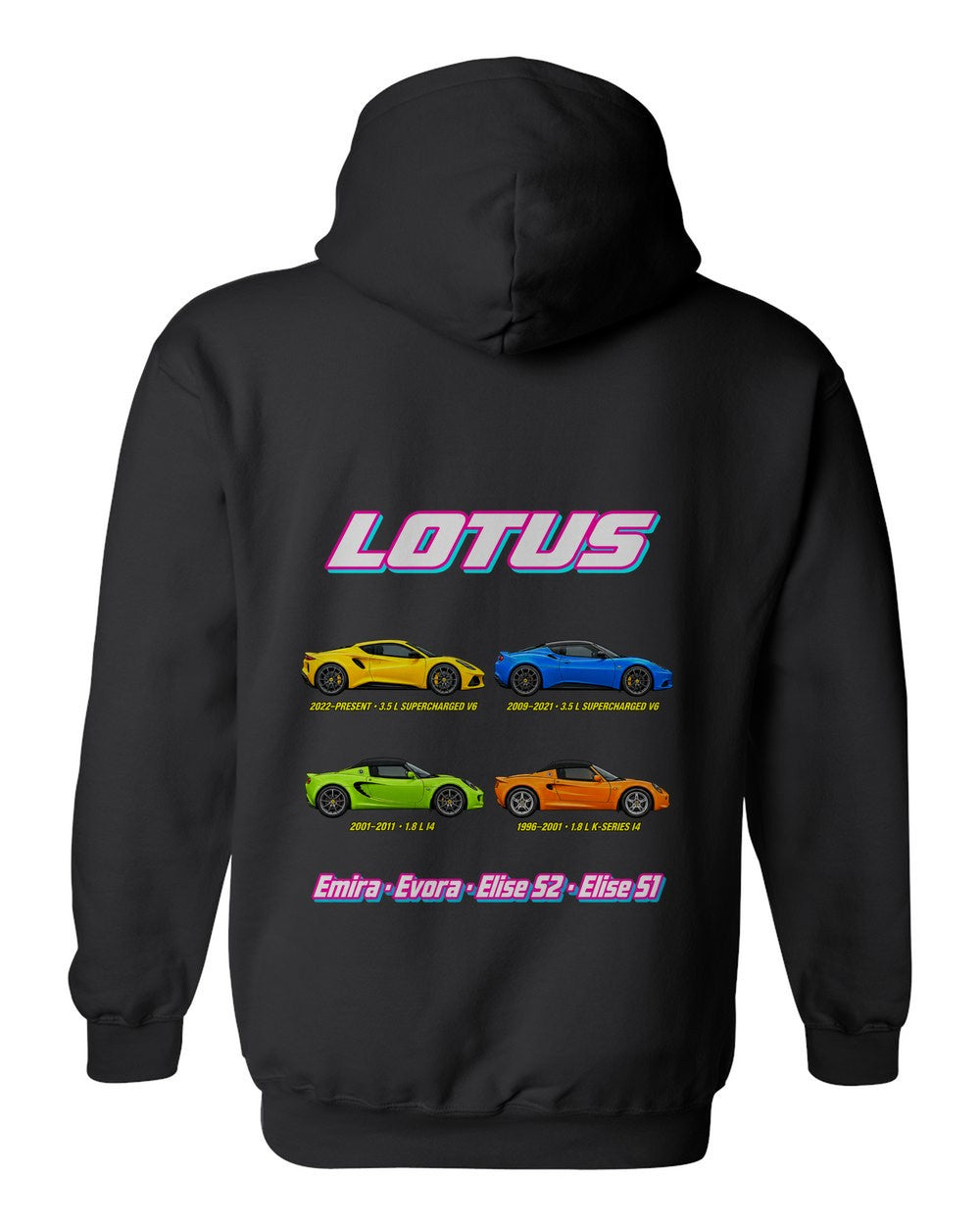 Lotus evolution poster black pull over hoodie back view with the design