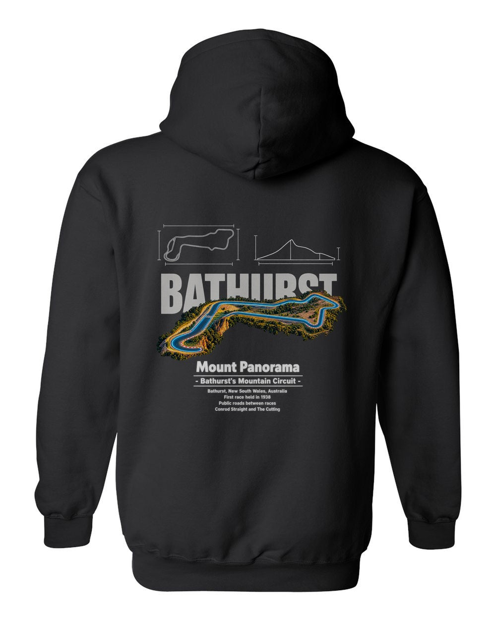 Mount Panorama black pull over hoodie back view with the design