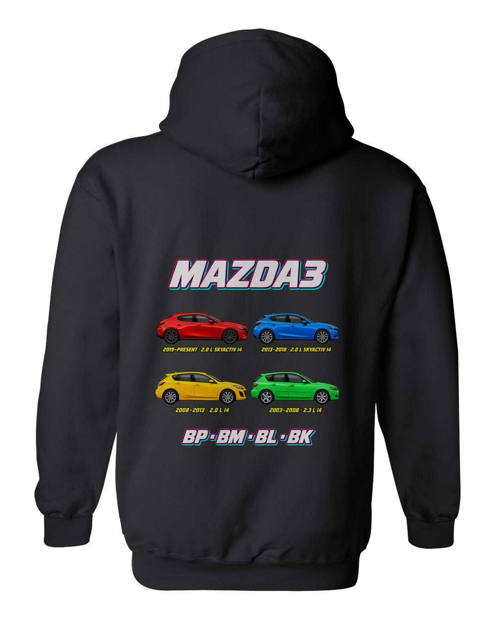 Mazda 3 evolution poster black pull over hoodie back view with the design