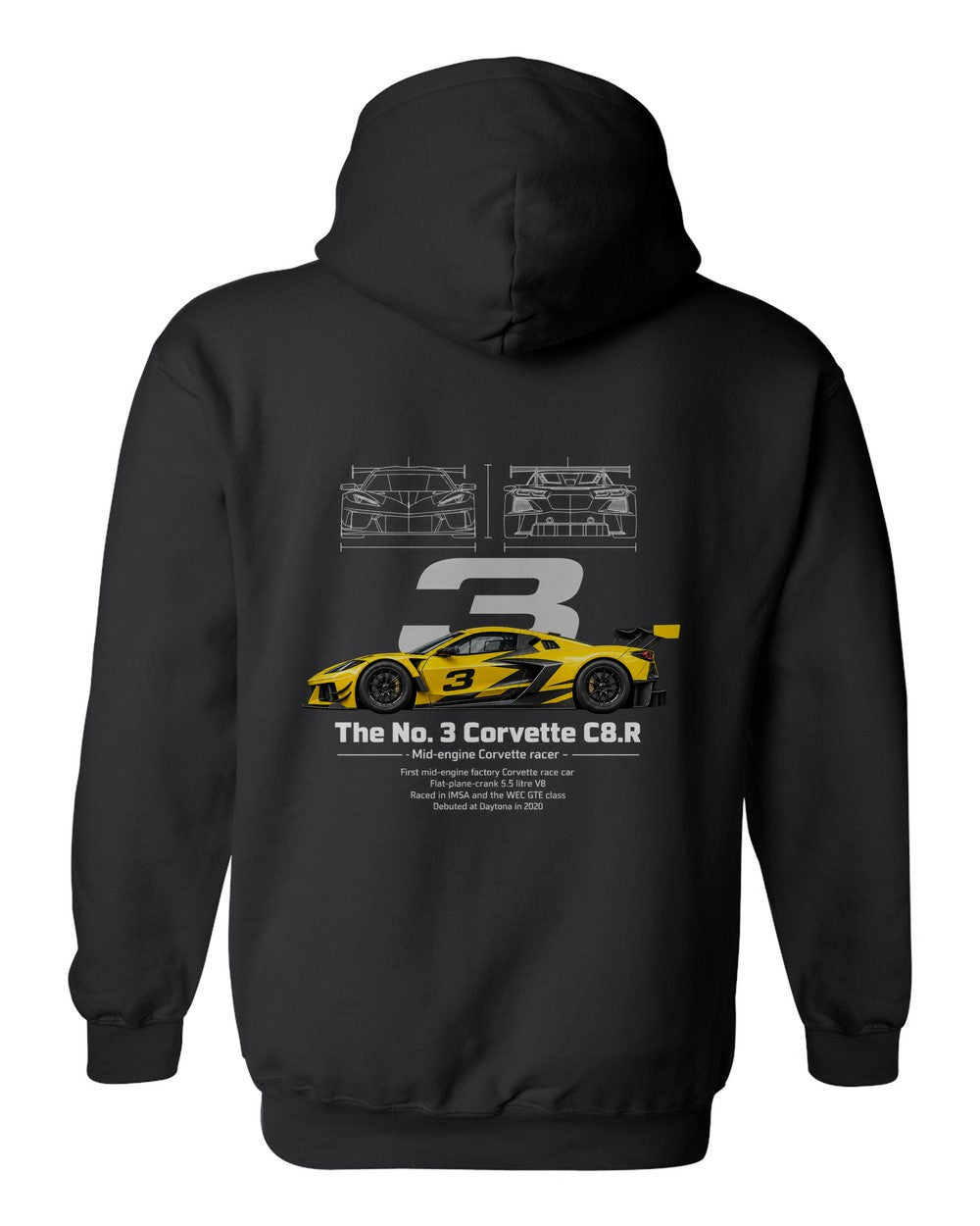 No. 3 Corvette C8.R black pull over hoodie back view with the design