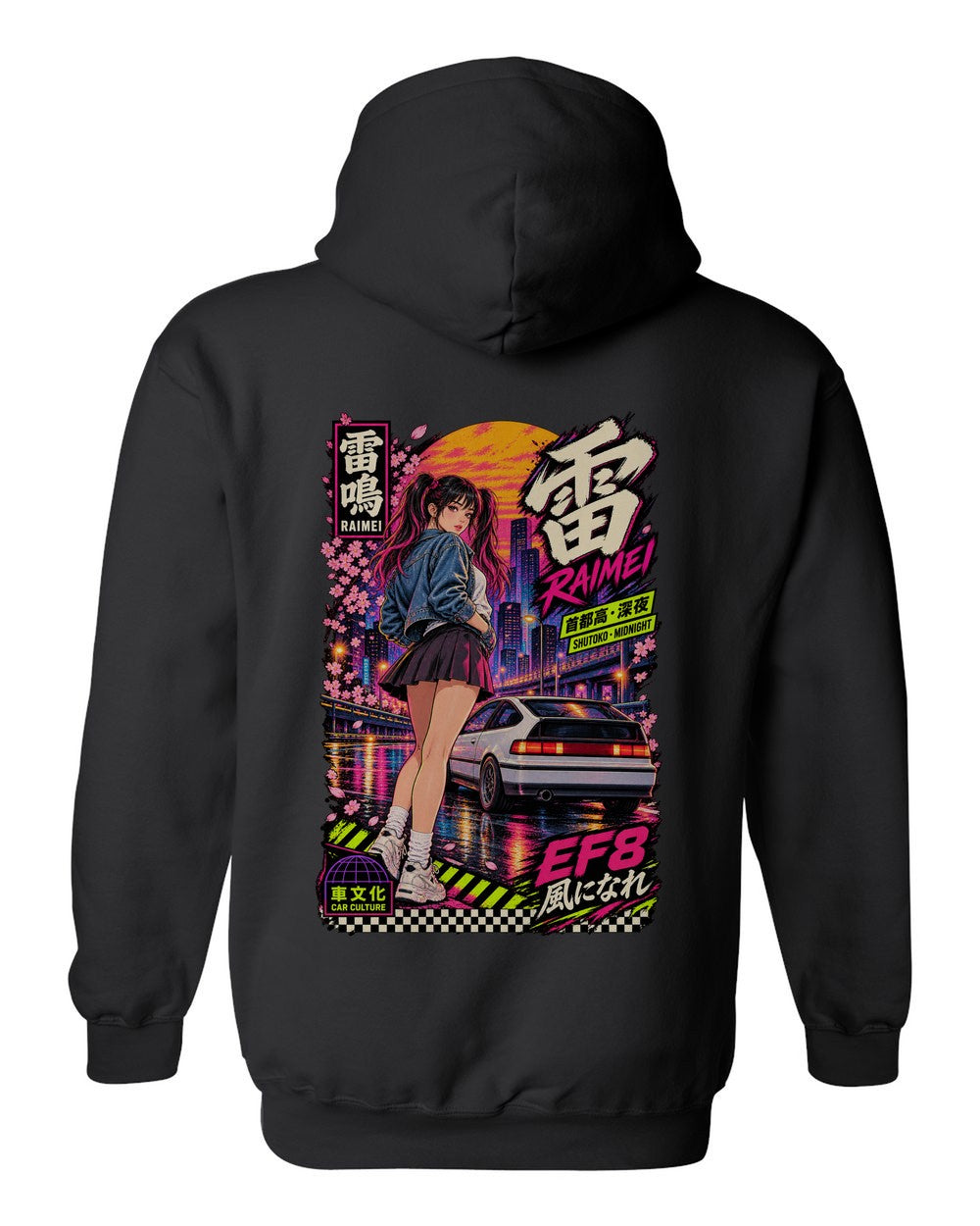 RAIMEI EF8 full-back artwork black pull over hoodie back view with the design