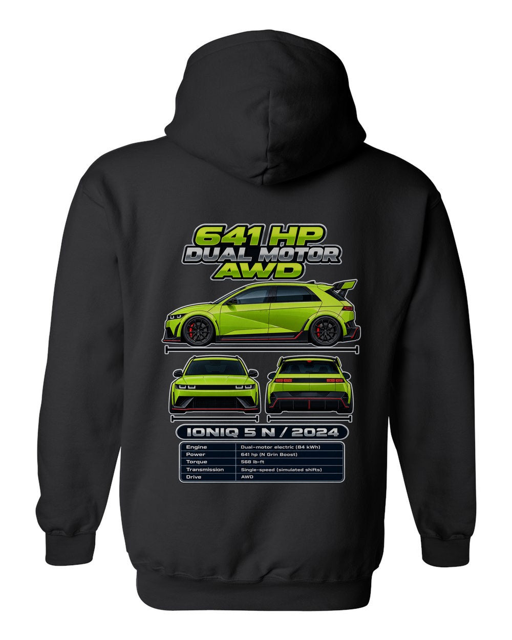 Hyundai Ioniq 5 N spec sheet black pull over hoodie back view with the design
