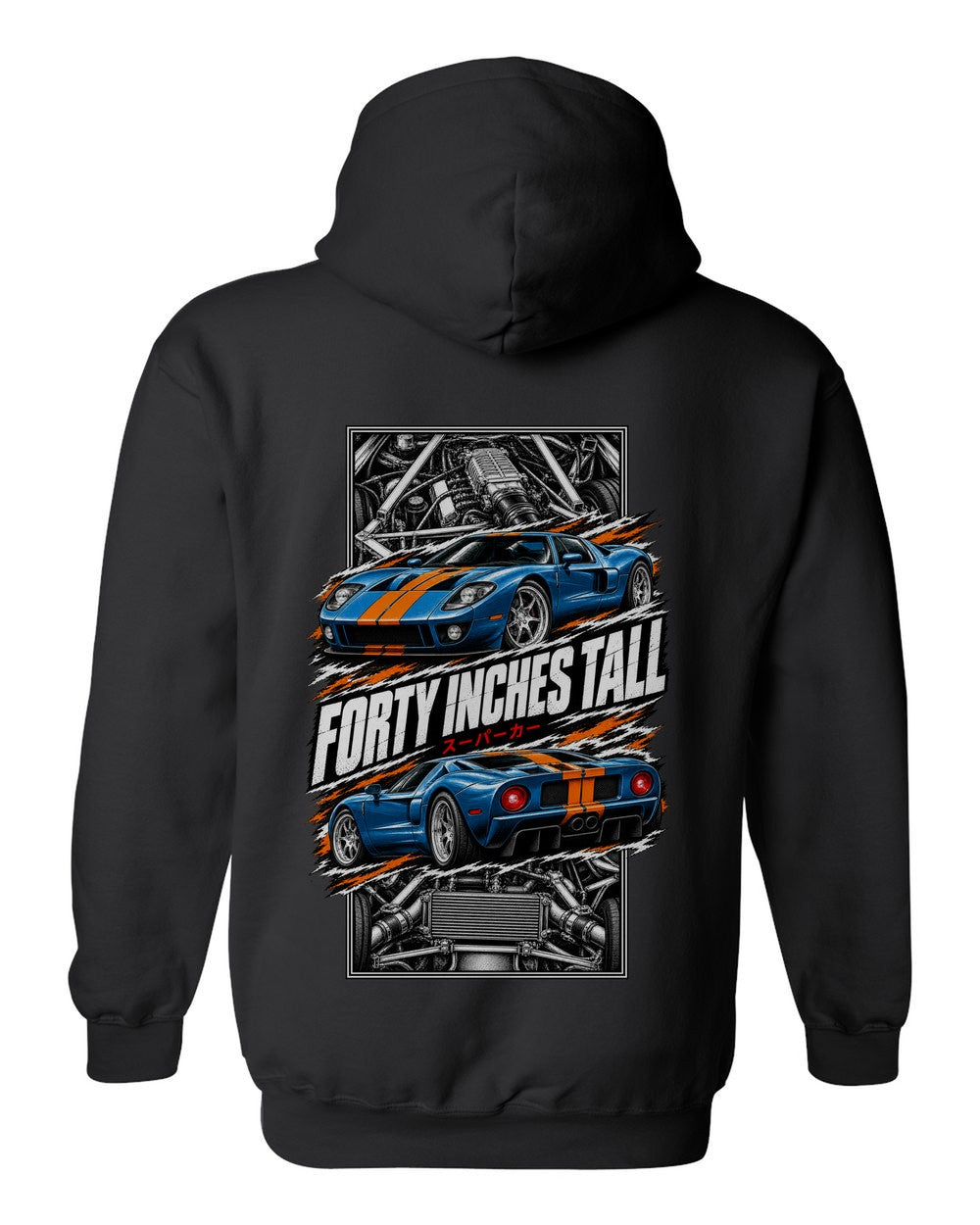 Ford Gt torn poster black pull over hoodie back view with the design