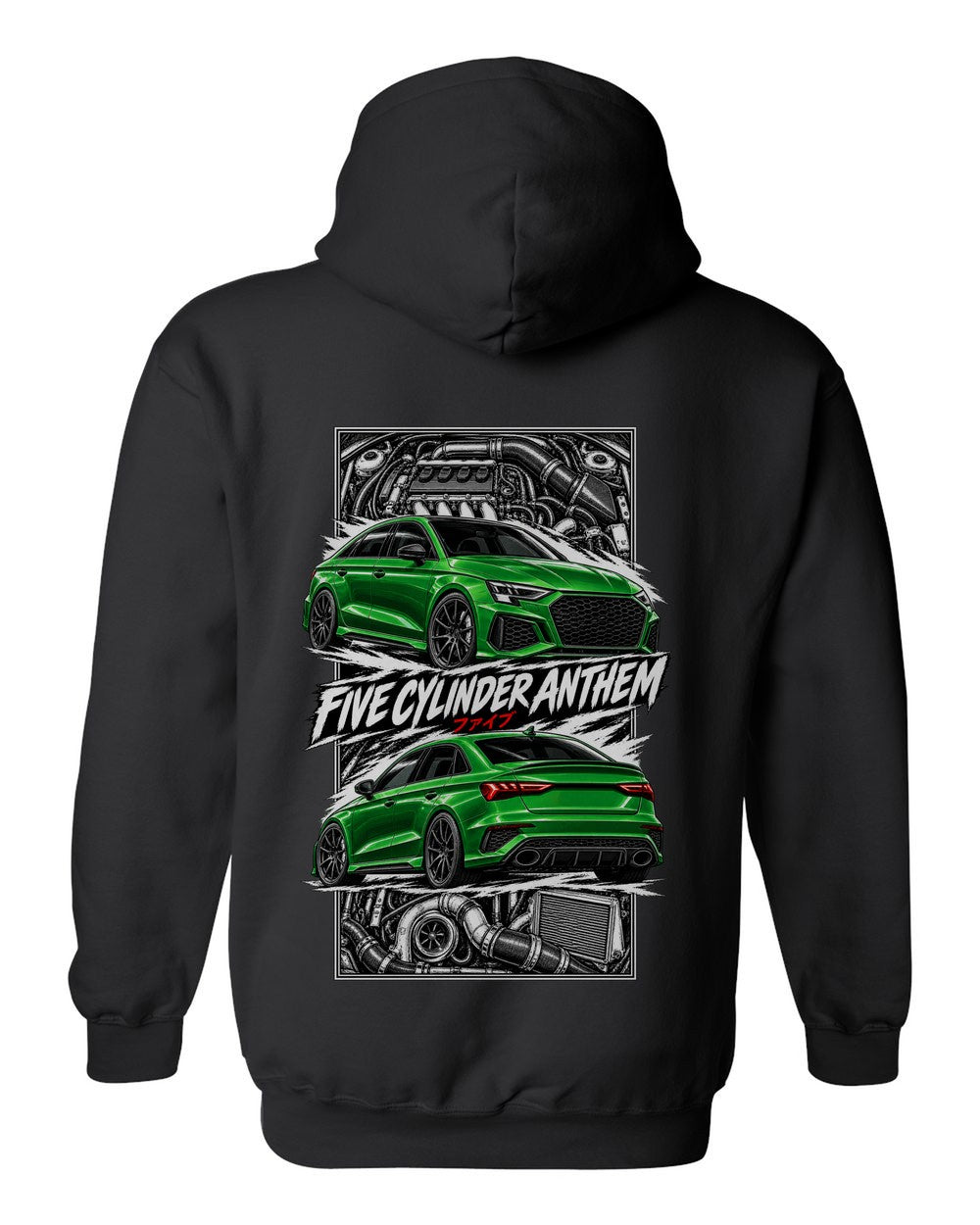 Audi Rs3 torn poster black pull over hoodie back view with the design