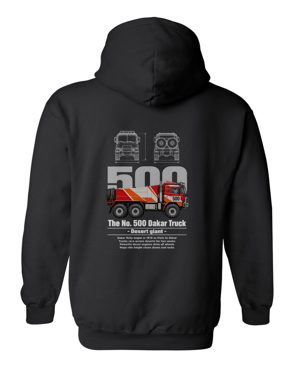No. 500 Dakar Truck black pull over hoodie back view with the design