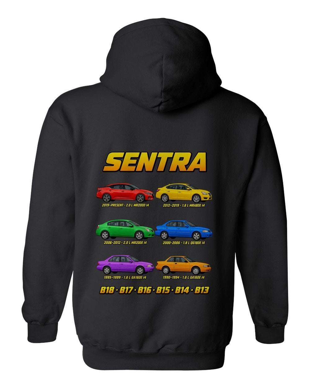 Nissan Sentra evolution poster black pull over hoodie back view with the design