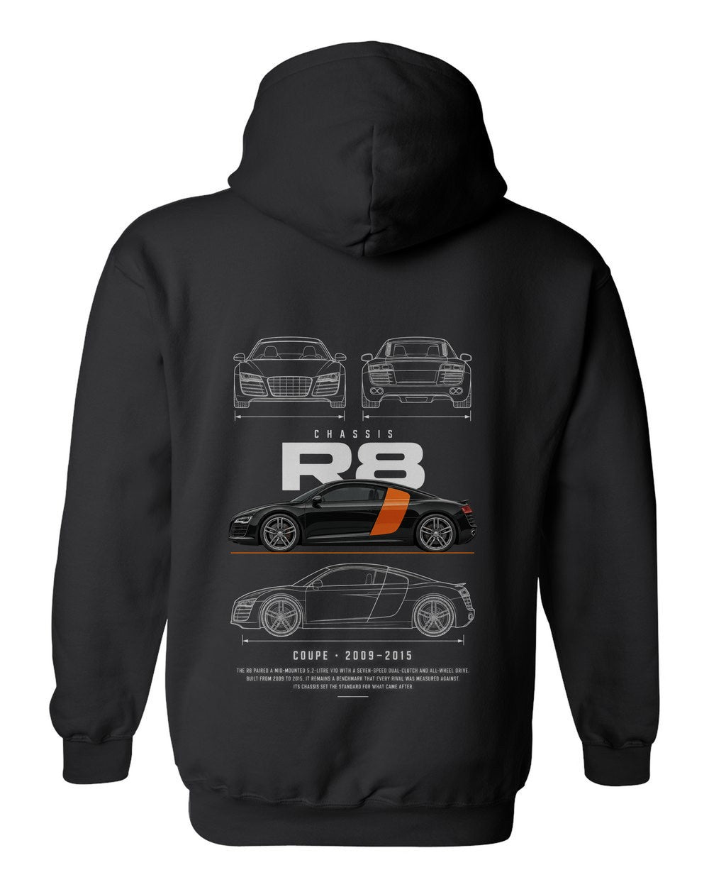 R8 full-back artwork black pull over hoodie back view with the design