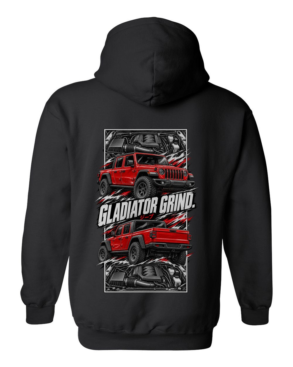 Jeep Gladiator torn poster black pull over hoodie back view with the design