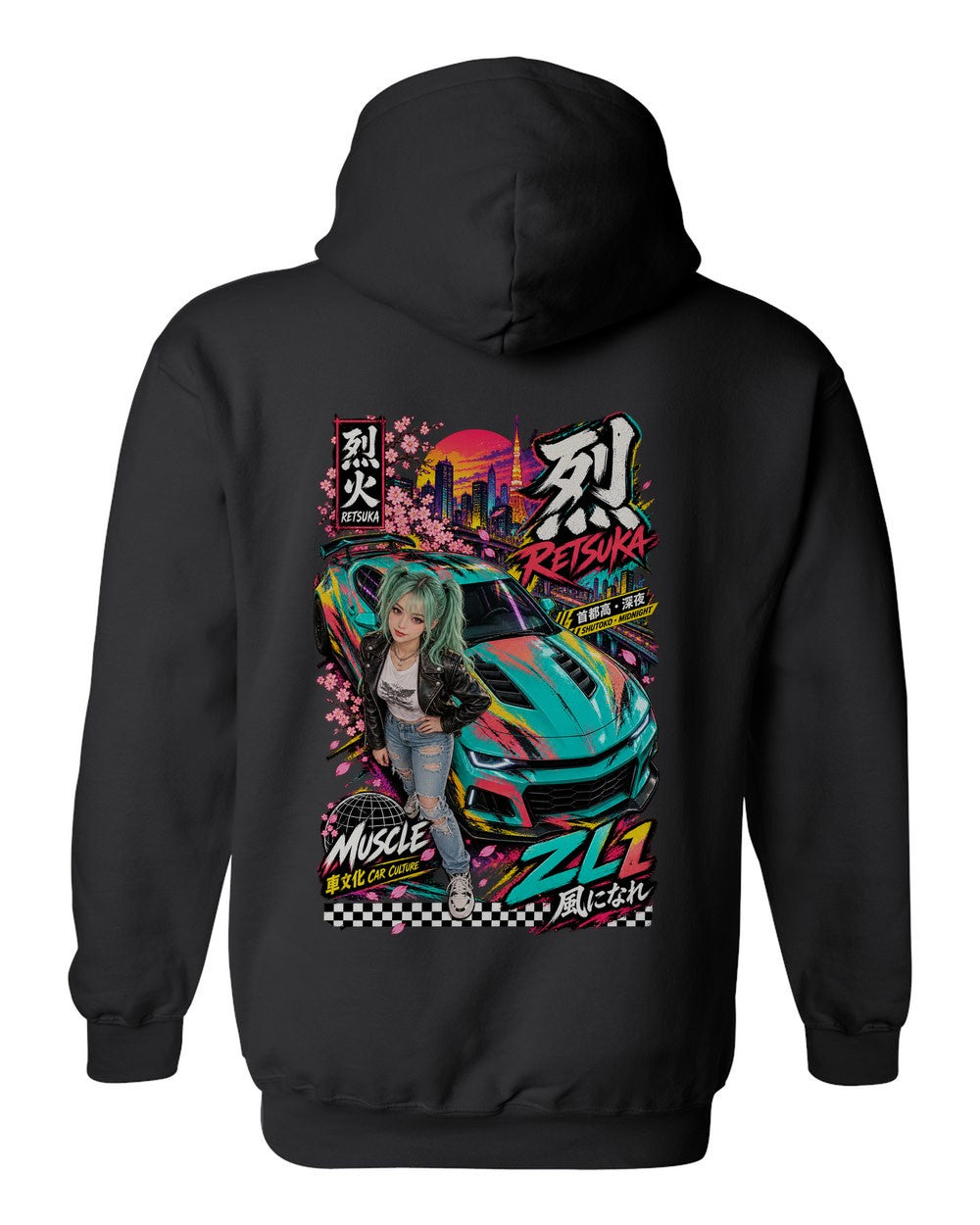 RETSUKA ZL1 full-back artwork black pull over hoodie back view with the design