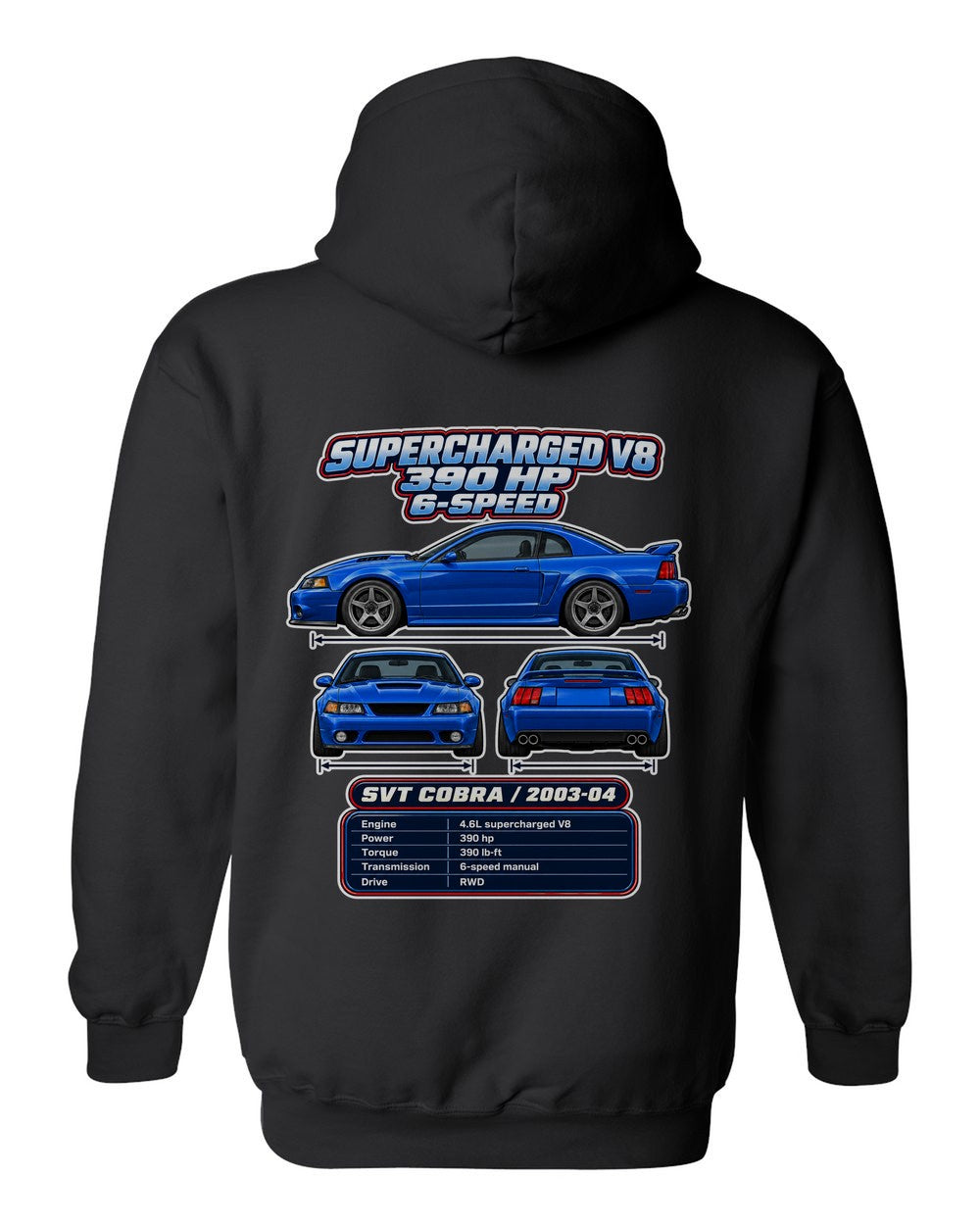 Ford SVT Cobra Terminator spec sheet black pull over hoodie back view with the design
