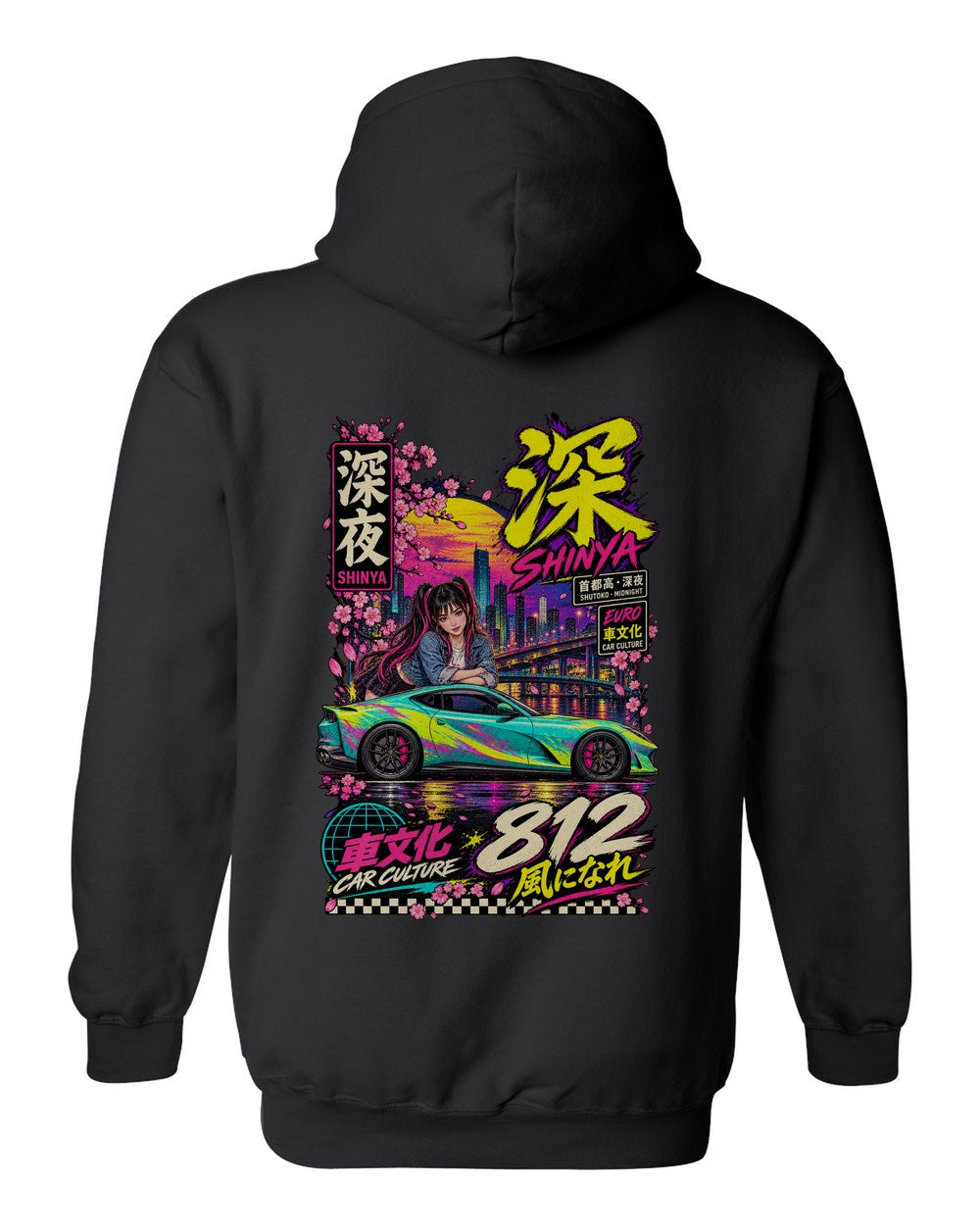 SHINYA 812 full-back artwork black pull over hoodie back view with the design