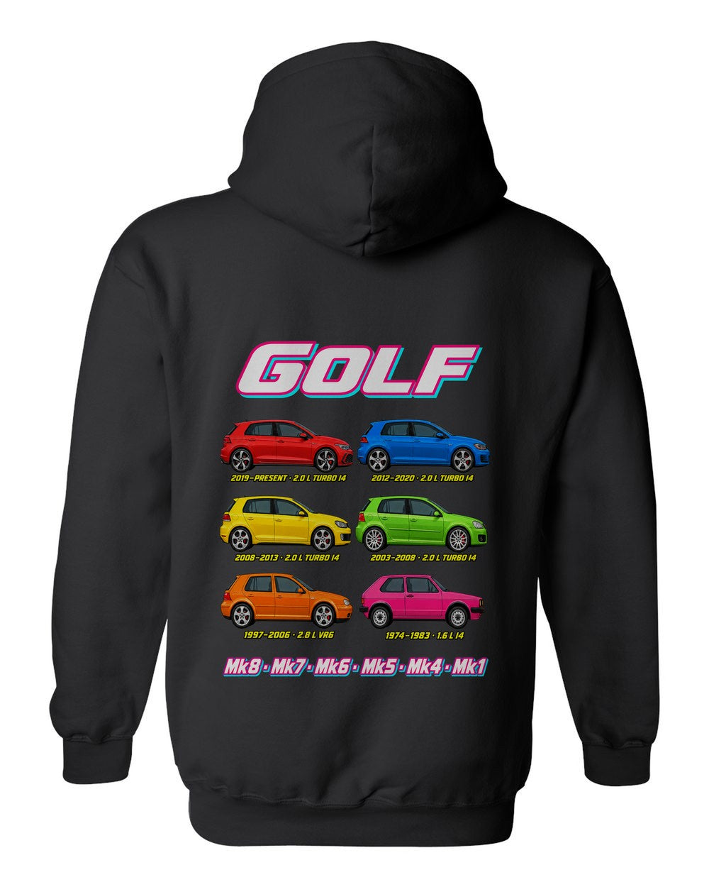 VW Golf evolution poster black pull over hoodie back view with the design