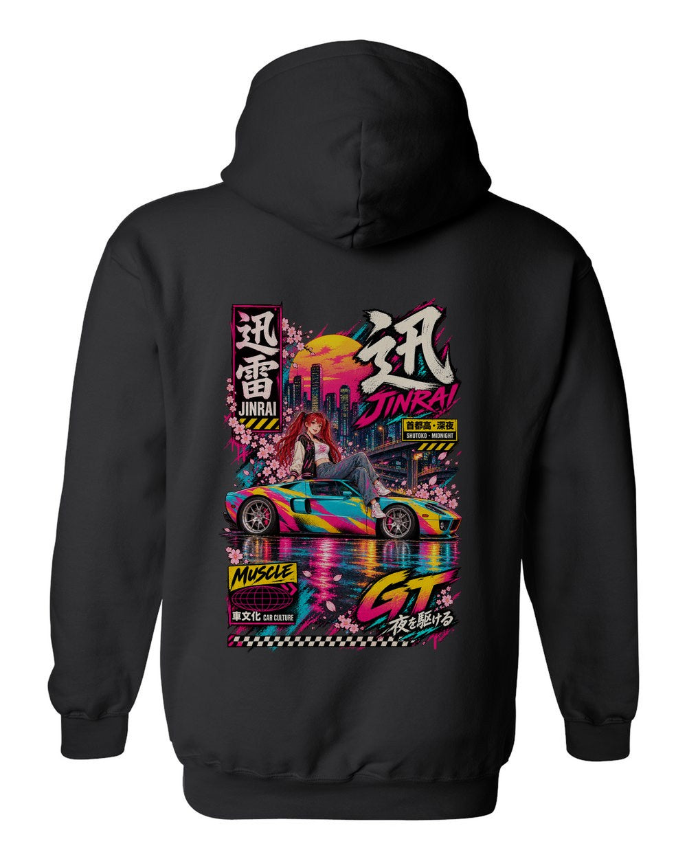 JINRAI GT full-back artwork black pull over hoodie back view with the design