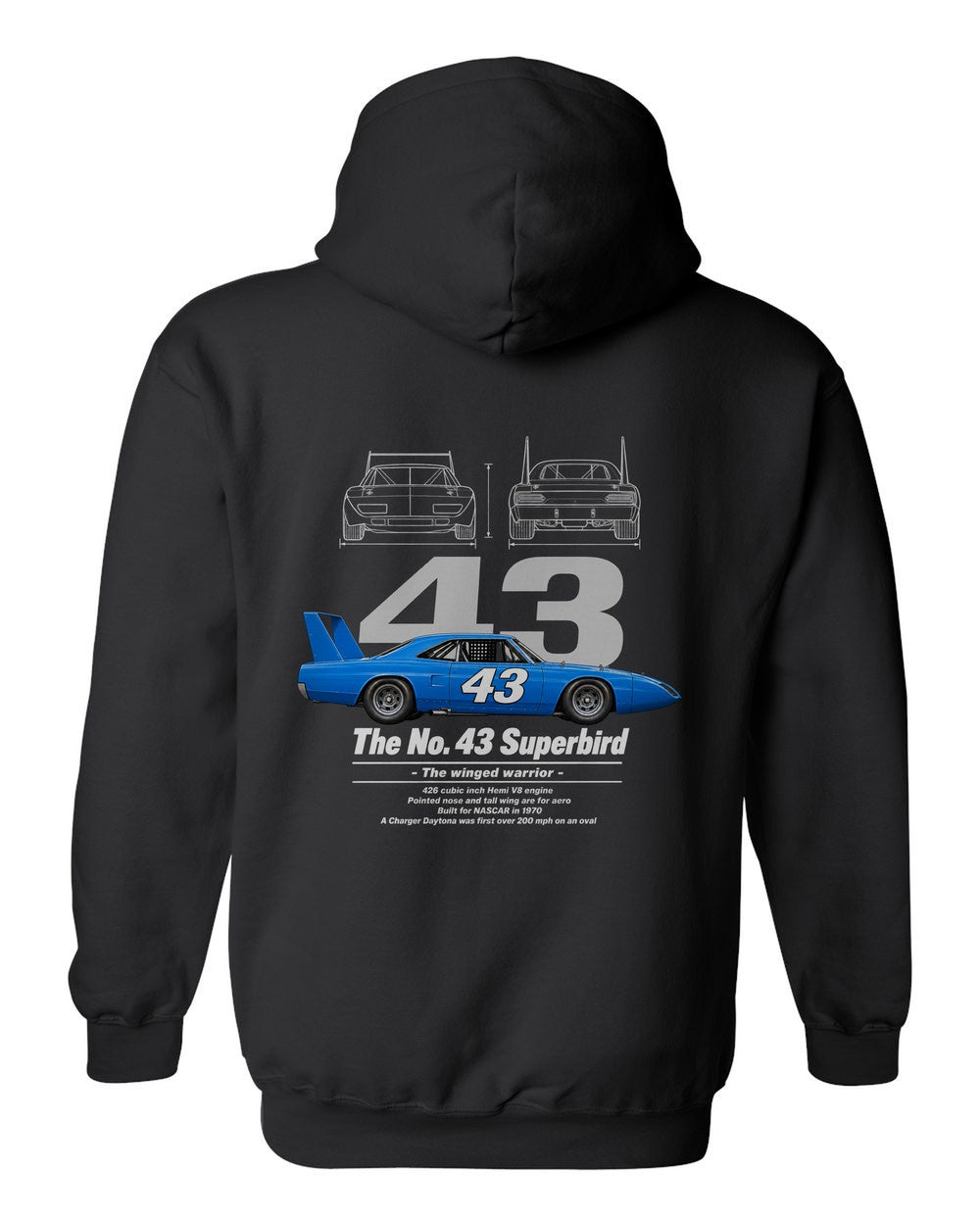 No. 43 Superbird black pull over hoodie back view with the design