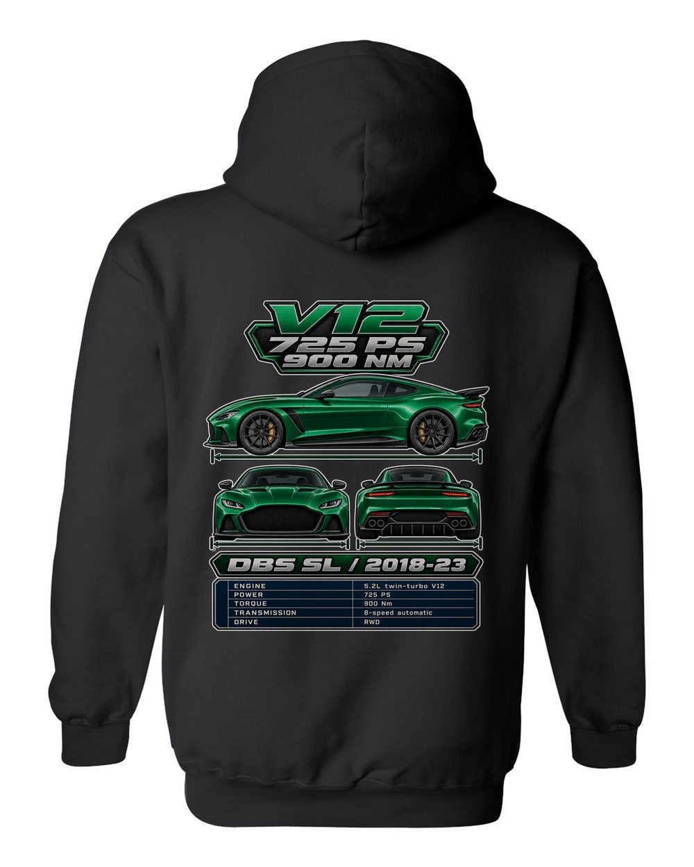 Aston Martin Dbs Superleggera spec sheet black pull over hoodie back view with the design