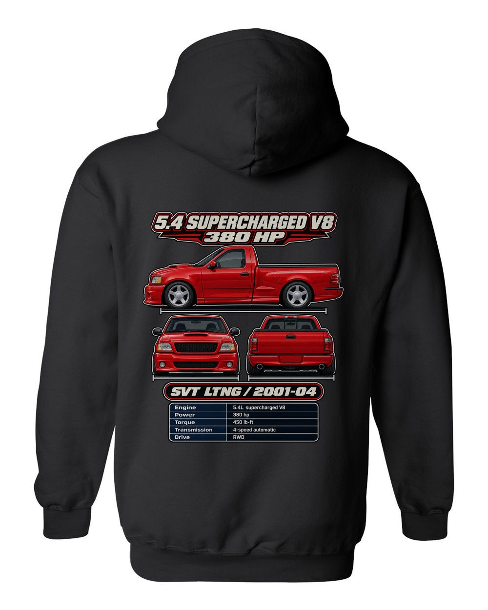 Ford F 150 SVT Lightning spec sheet black pull over hoodie back view with the design
