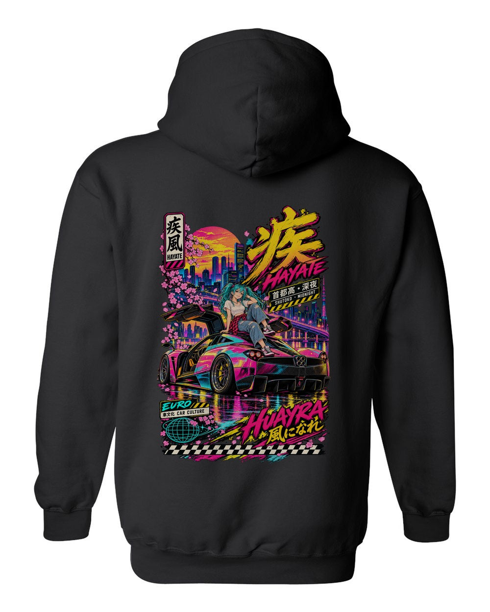 HAYATE HUAYRA full-back artwork black pull over hoodie back view with the design