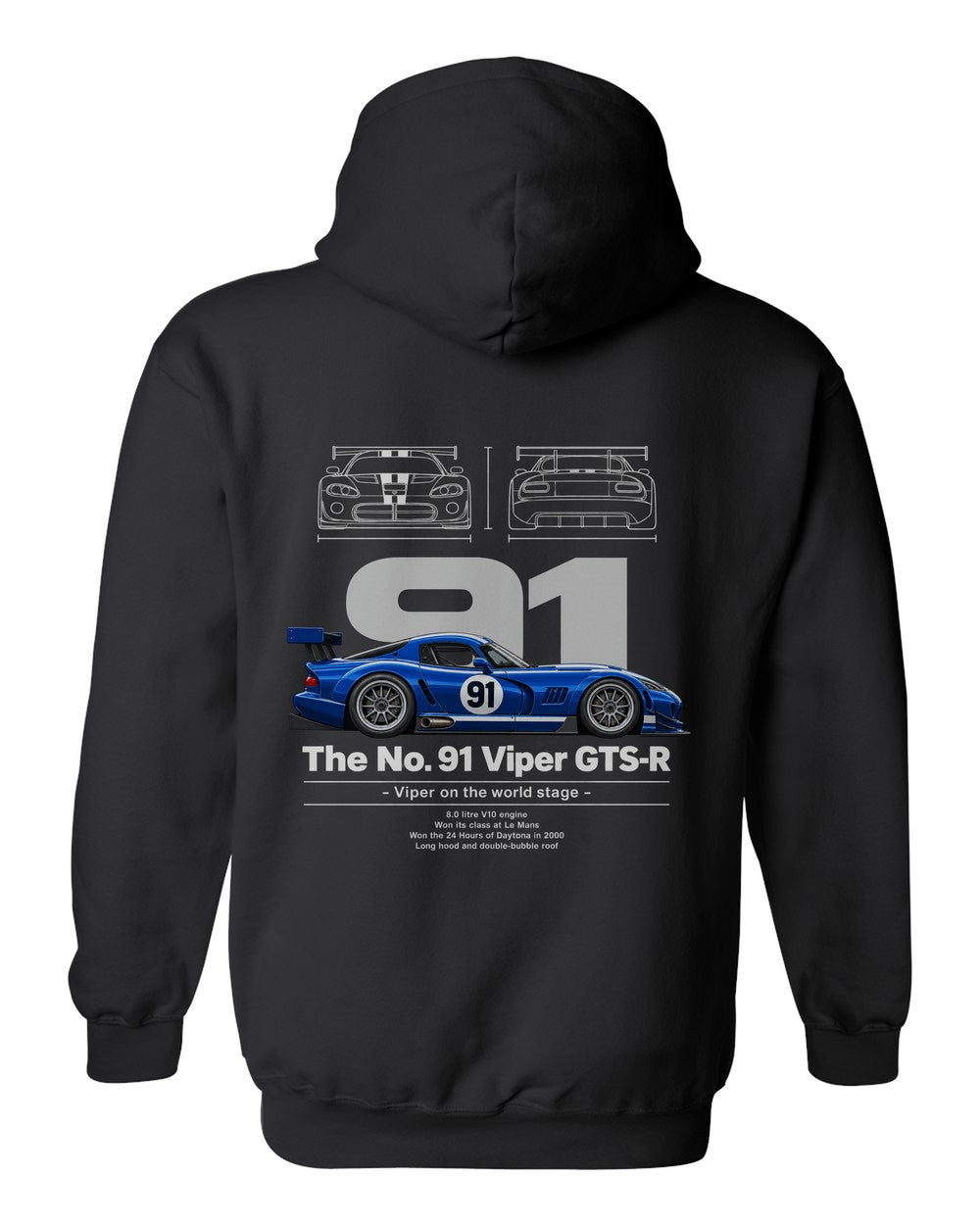 No. 91 Viper GTS-R black pull over hoodie back view with the design