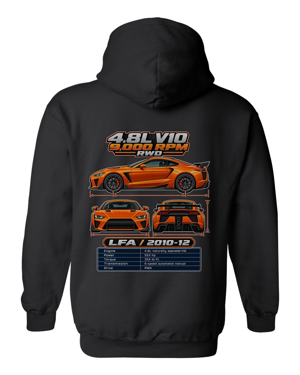 Lexus Lfa spec sheet black pull over hoodie back view with the design