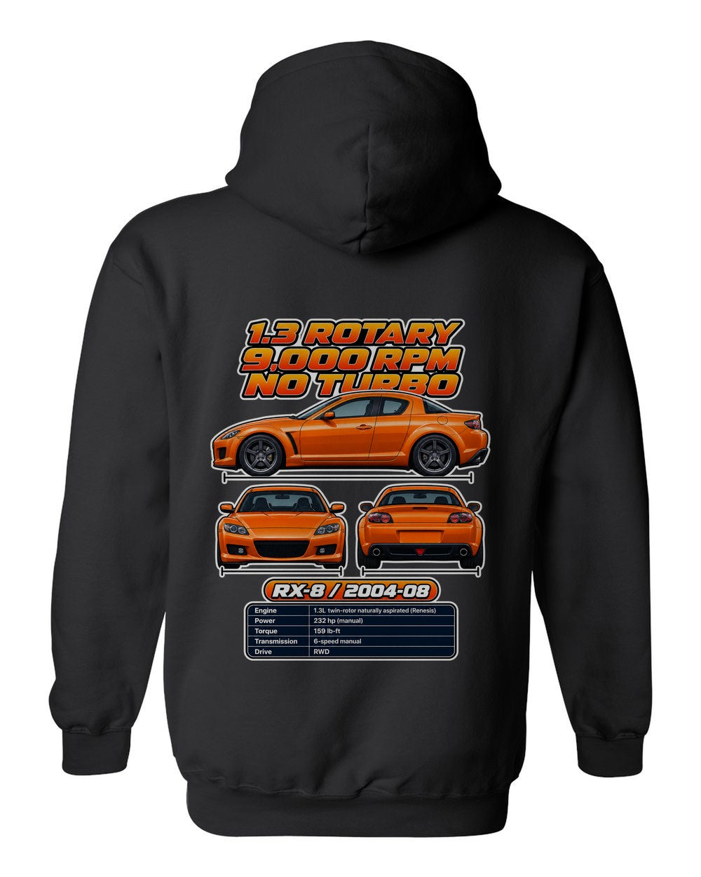 Mazda Rx 8 spec sheet black pull over hoodie back view with the design