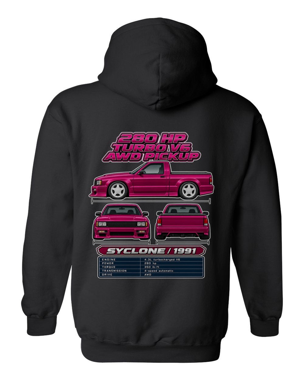 GMC Syclone spec sheet black pull over hoodie back view with the design
