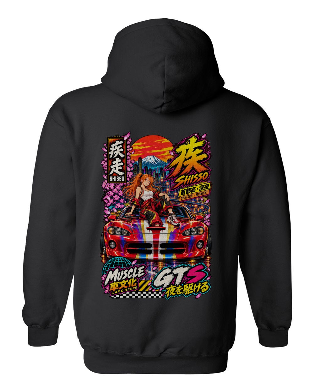 SHISSO GTS full-back artwork black pull over hoodie back view with the design