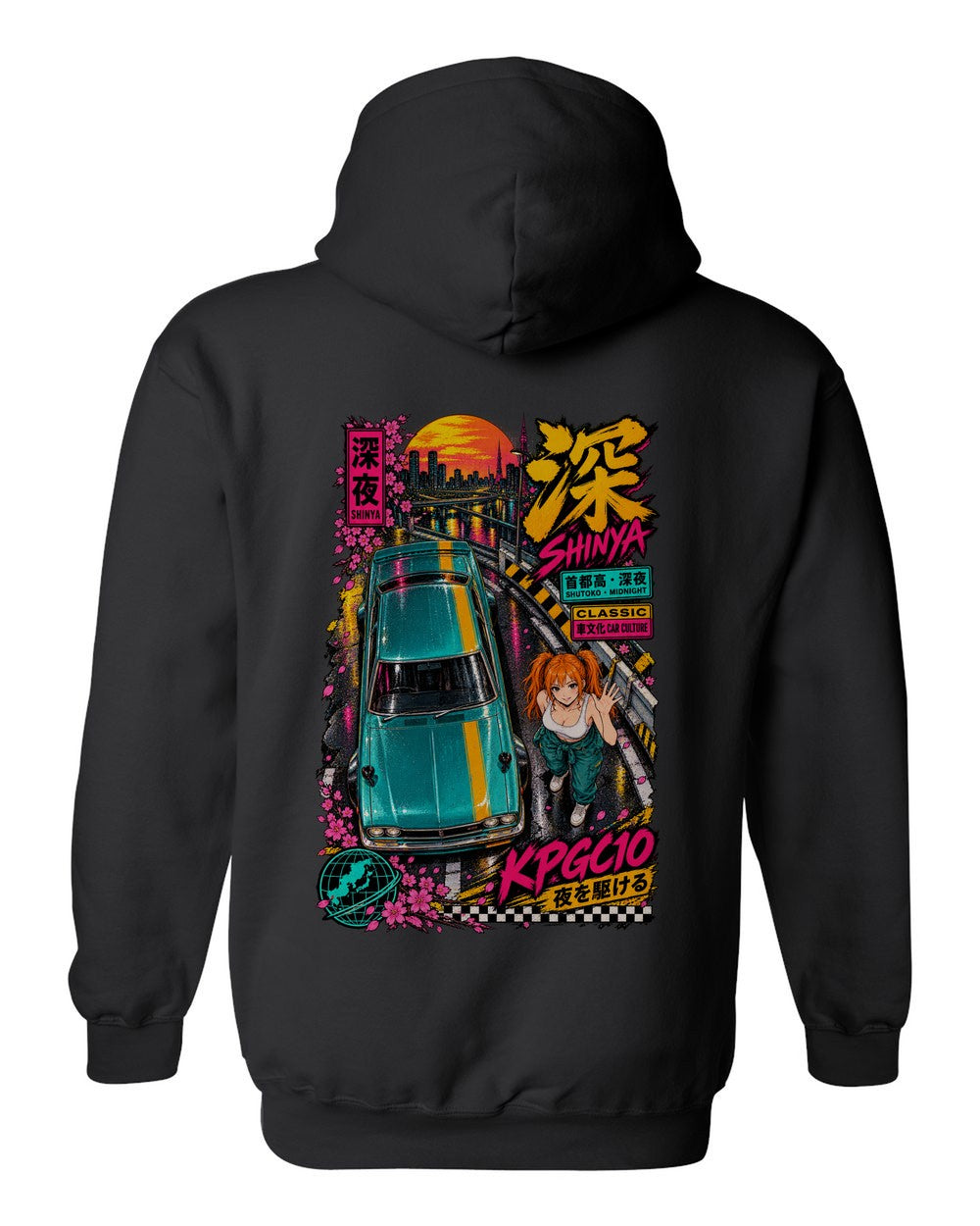 SHINYA KPGC10 full-back artwork black pull over hoodie back view with the design