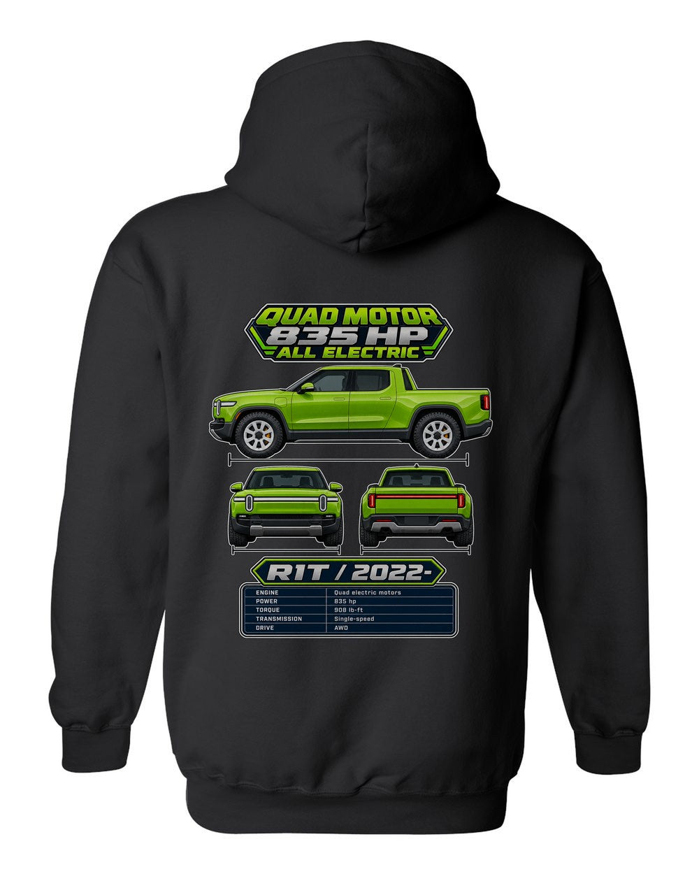 Rivian R1T spec sheet black pull over hoodie back view with the design