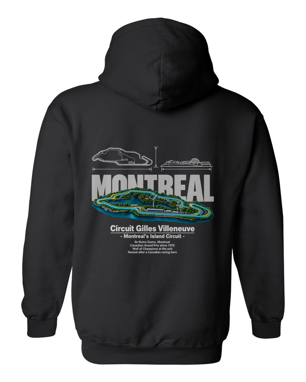 Circuit Gilles Villeneuve black pull over hoodie back view with the design