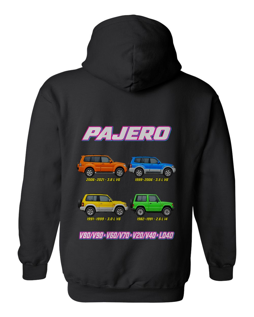 Mitsubishi Pajero evolution poster black pull over hoodie back view with the design