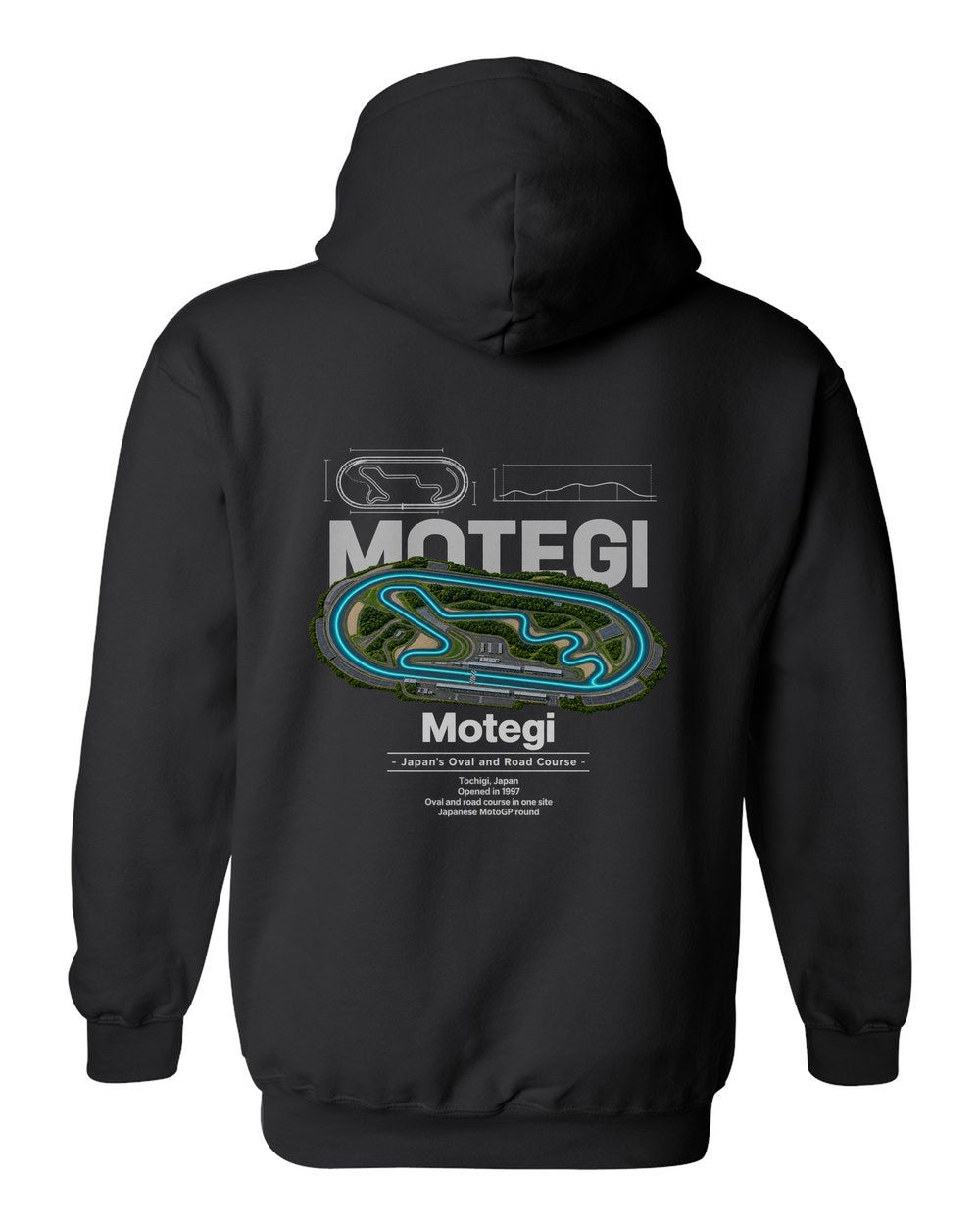 Motegi black pull over hoodie back view with the design
