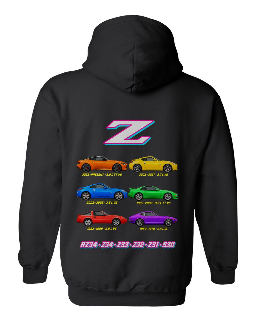 Nissan Z evolution poster black pull over hoodie back view with the design