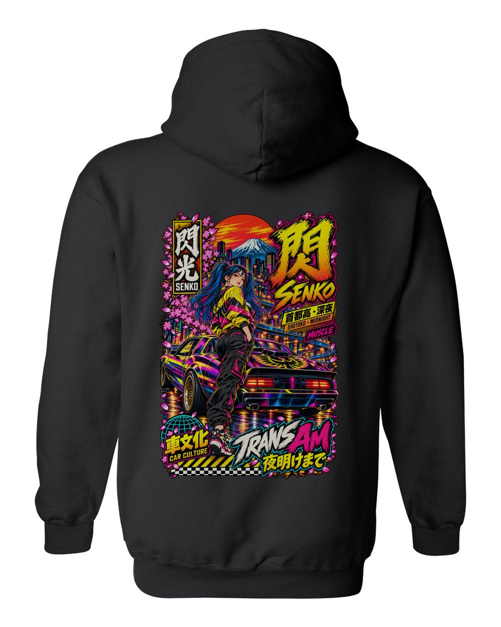 SENKO TRANS AM full-back artwork black pull over hoodie back view with the design