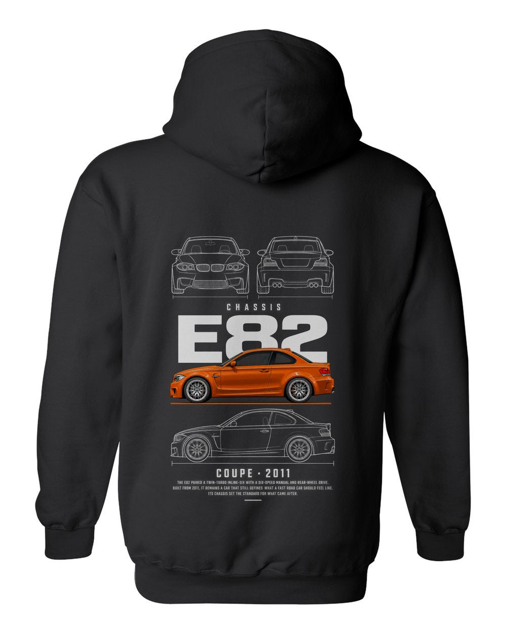 E82 full-back artwork black pull over hoodie back view with the design