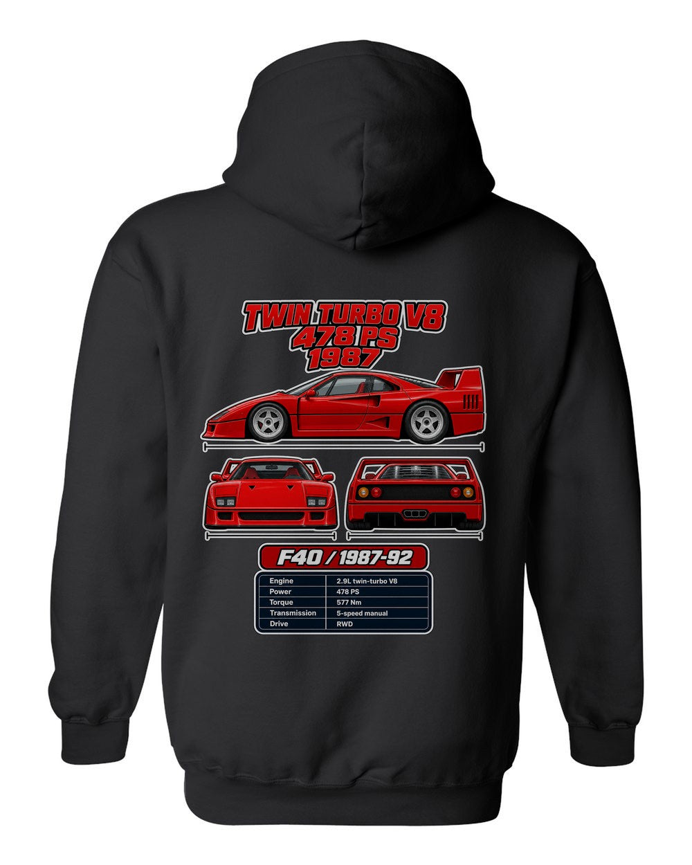 Ferrari F40 spec sheet black pull over hoodie back view with the design