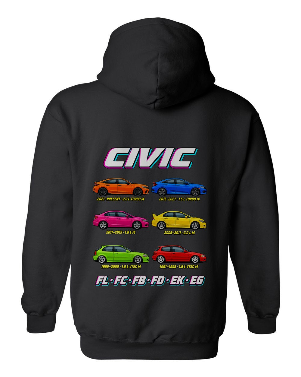 Honda Civic evolution poster black pull over hoodie back view with the design