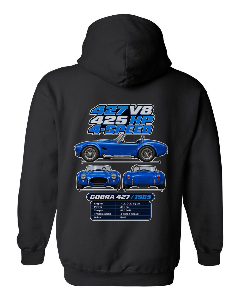 Shelby Cobra 427 spec sheet black pull over hoodie back view with the design