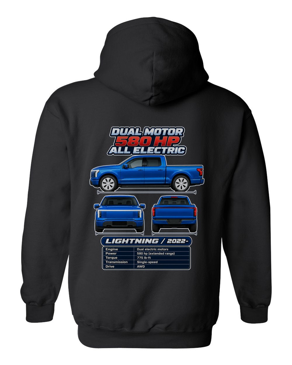 Ford F150 Lightning spec sheet black pull over hoodie back view with the design