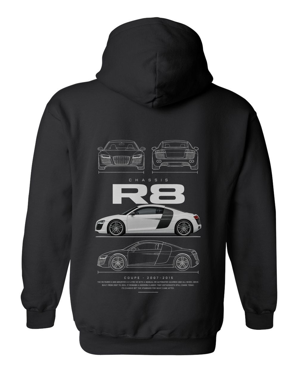 R8 full-back artwork black pull over hoodie back view with the design