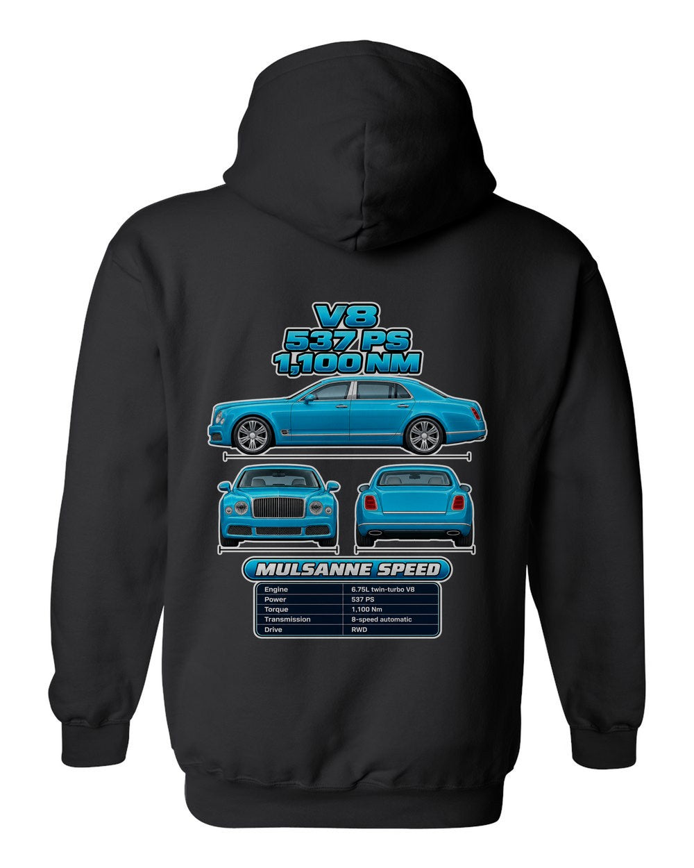 Bentley Mulsanne Speed spec sheet black pull over hoodie back view with the design