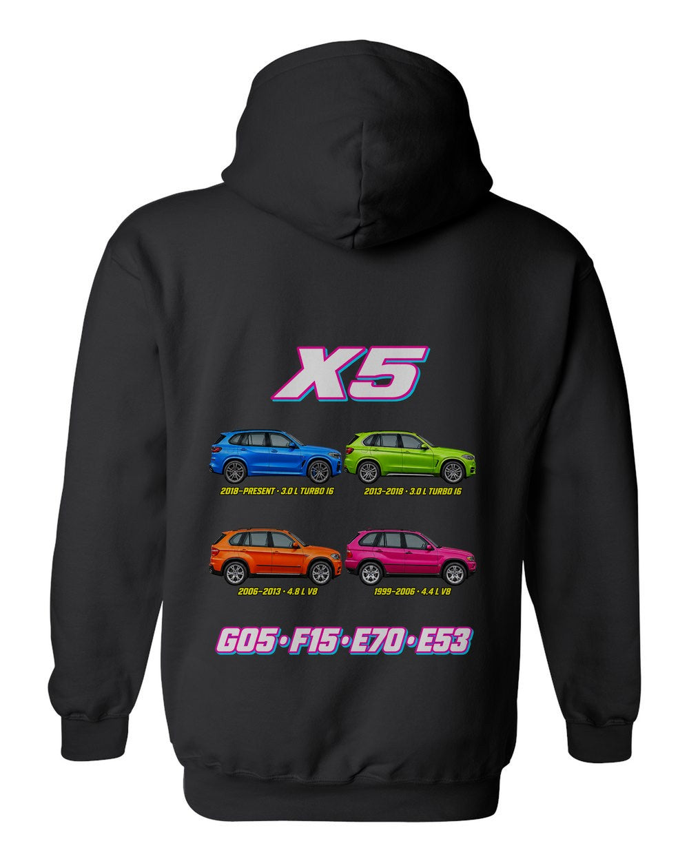 BMW X5 evolution poster black pull over hoodie back view with the design