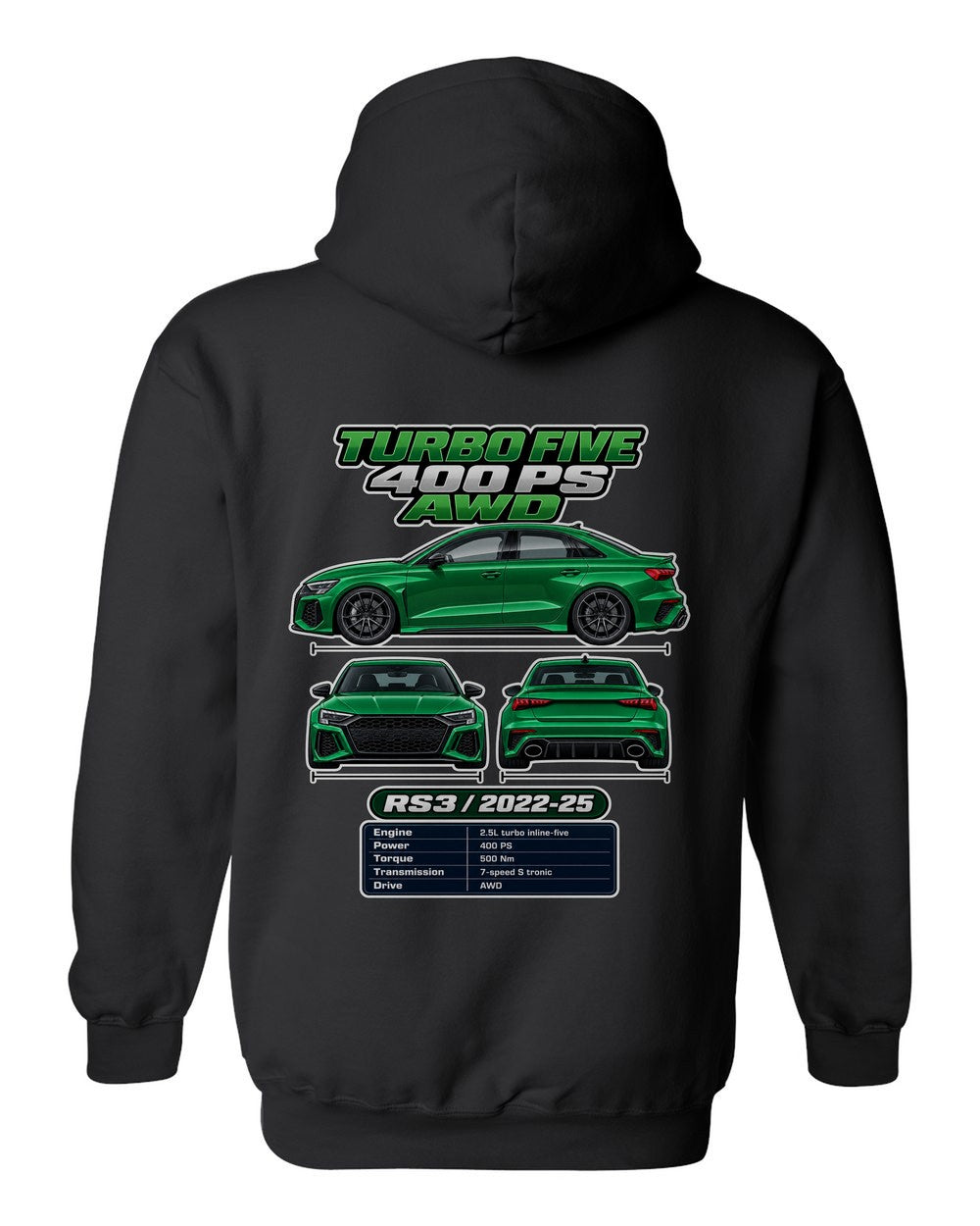 Audi Rs3 Sedan 8Y spec sheet black pull over hoodie back view with the design
