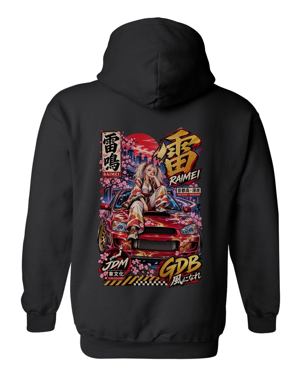 RAIMEI GDB full-back artwork black pull over hoodie back view with the design