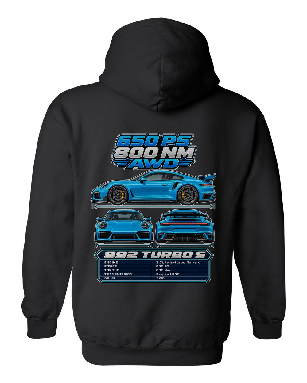 Porsche 911 Turbo S 992 spec sheet black pull over hoodie back view with the design
