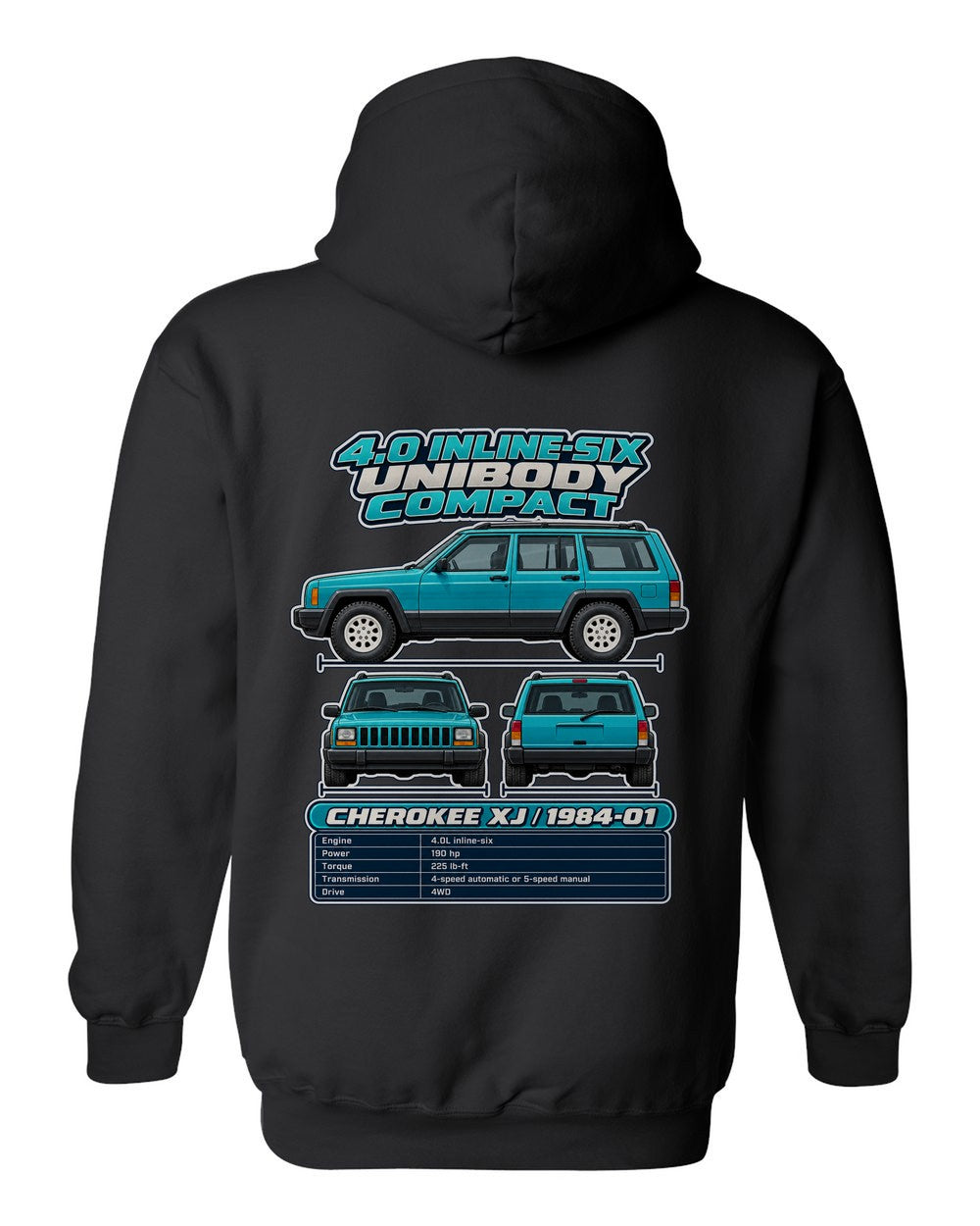 Jeep Cherokee Xj spec sheet black pull over hoodie back view with the design