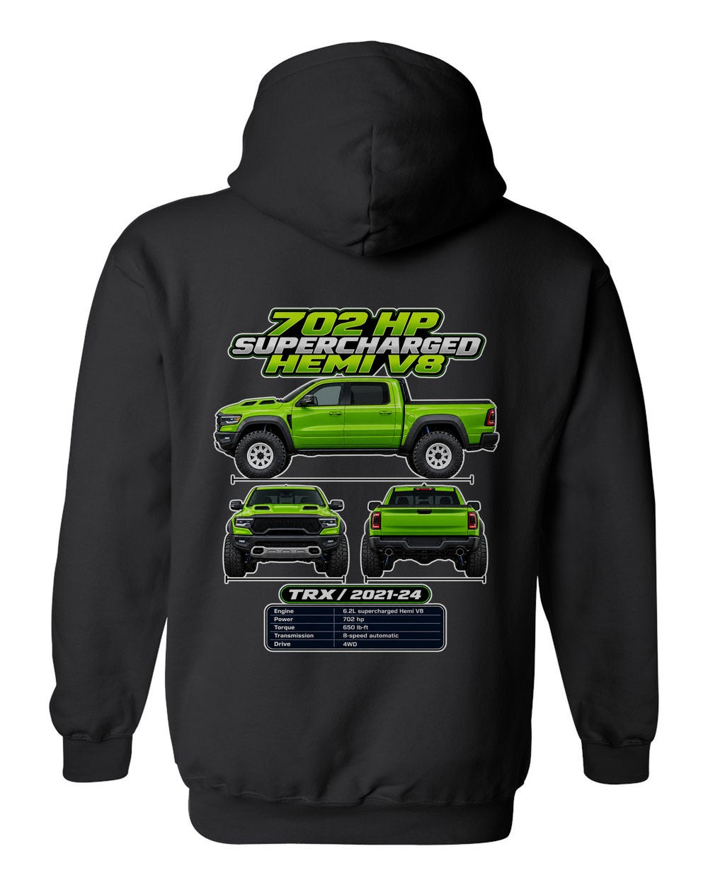 RAM 1500 Trx spec sheet black pull over hoodie back view with the design