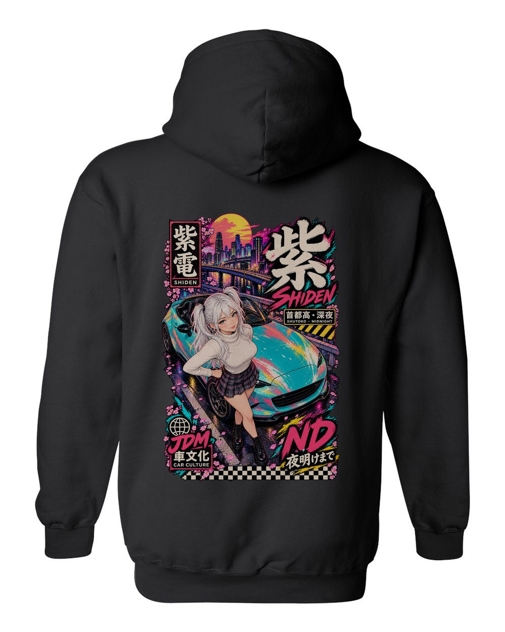 SHIDEN ND full-back artwork black pull over hoodie back view with the design